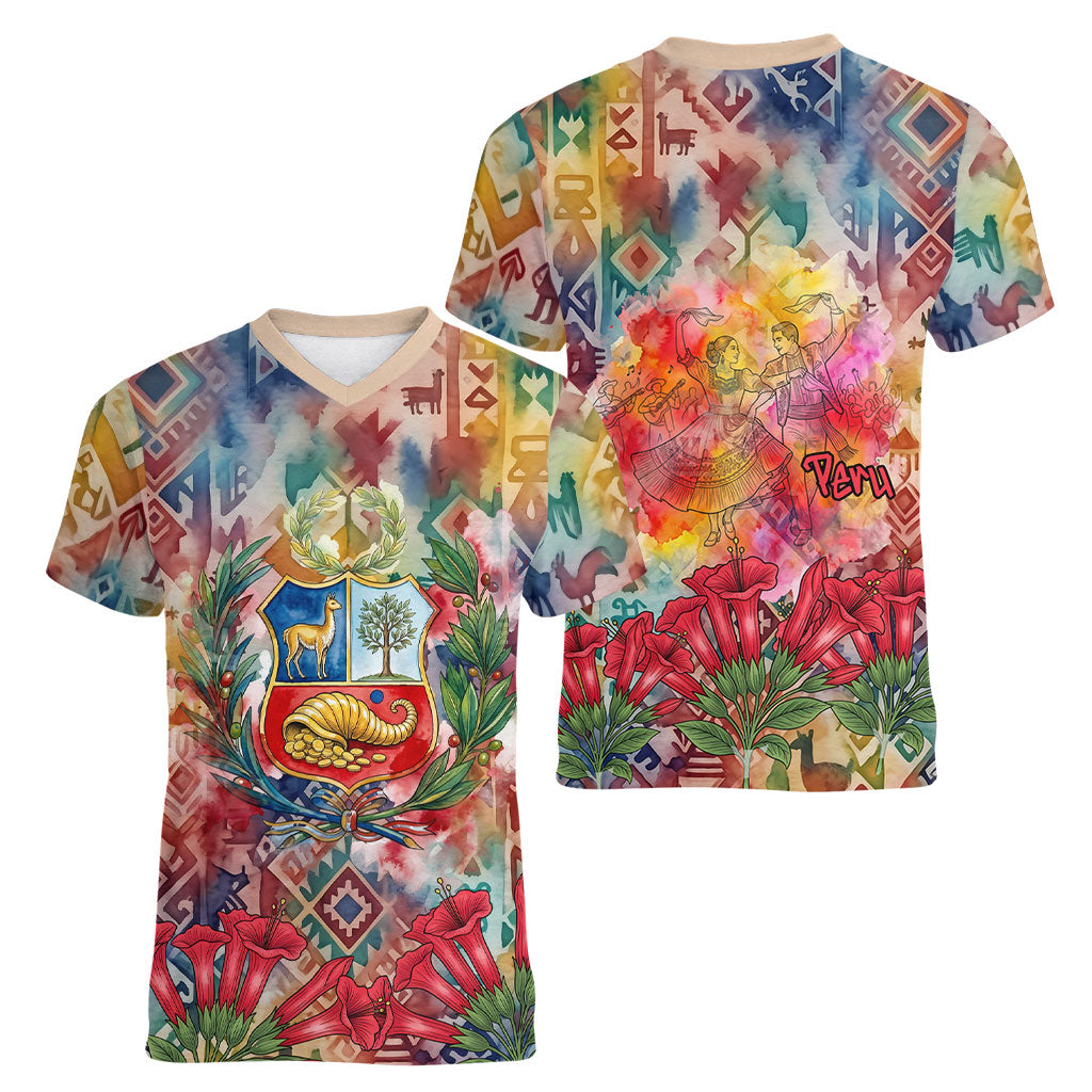 Peru National Emblem Marinera Women V-Neck T-Shirt Watercolor Splash Inca Pattern