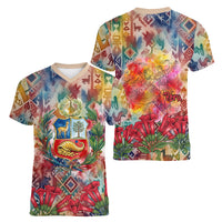 Peru National Emblem Marinera Women V-Neck T-Shirt Watercolor Splash Inca Pattern
