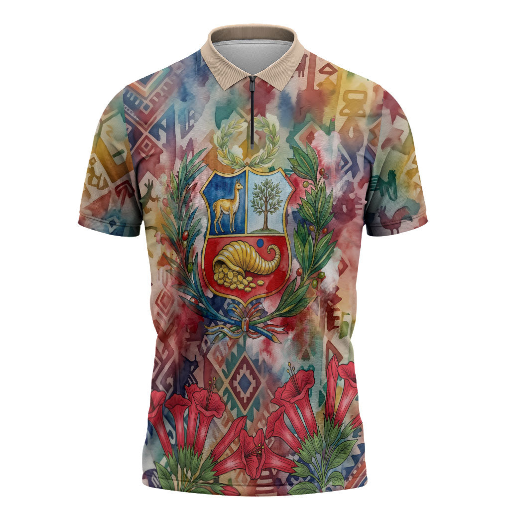 Peru National Emblem Marinera Zipper Polo Shirt Watercolor Splash Inca Pattern
