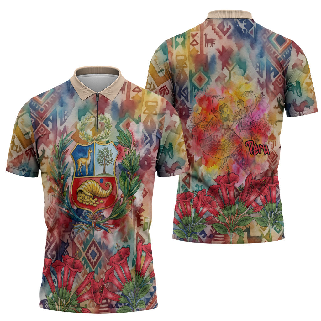 Peru National Emblem Marinera Zipper Polo Shirt Watercolor Splash Inca Pattern