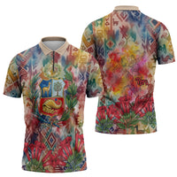 Peru National Emblem Marinera Zipper Polo Shirt Watercolor Splash Inca Pattern
