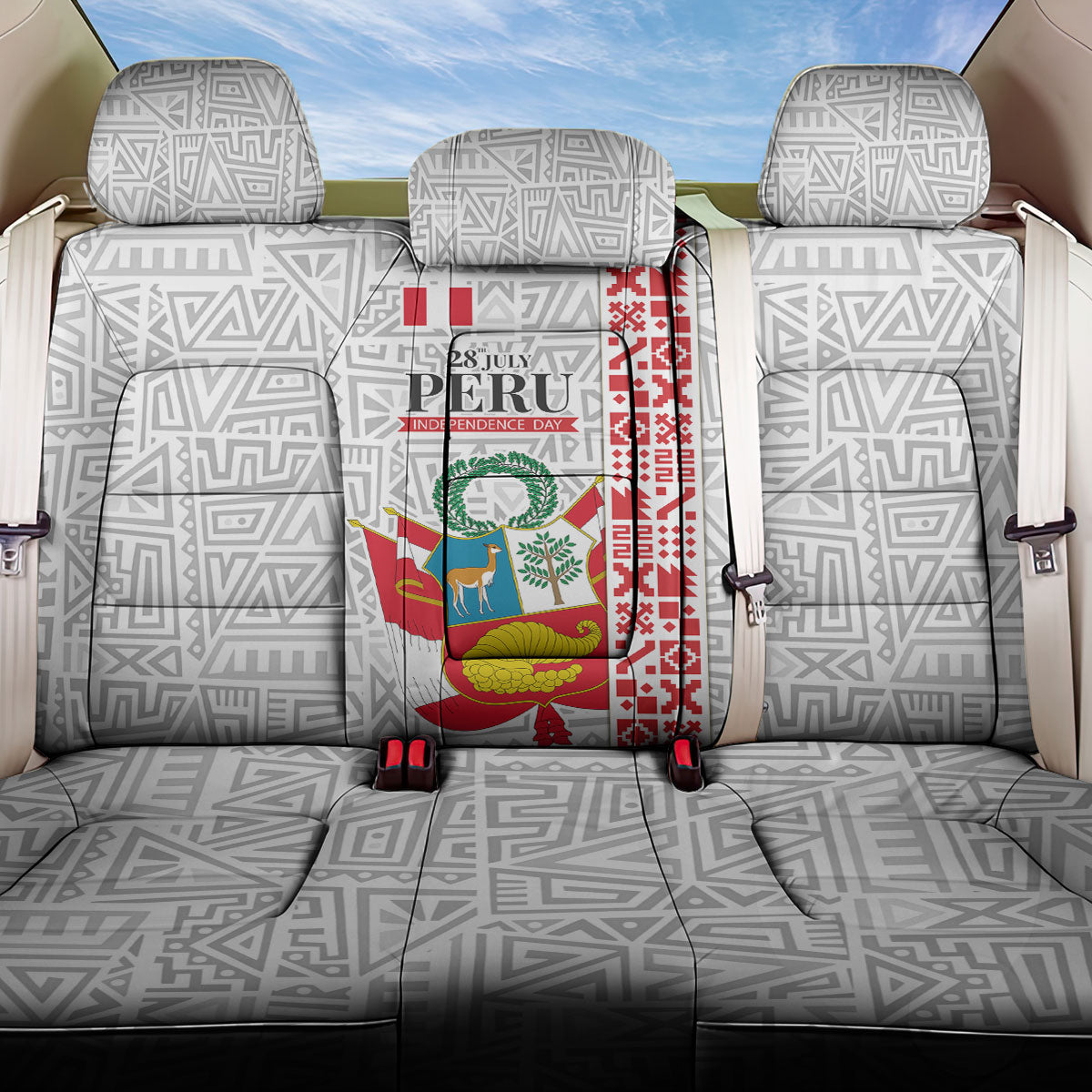 Peru Independence Day Back Car Seat Cover Peruvian Flag Coat of Arms Inca Pattern