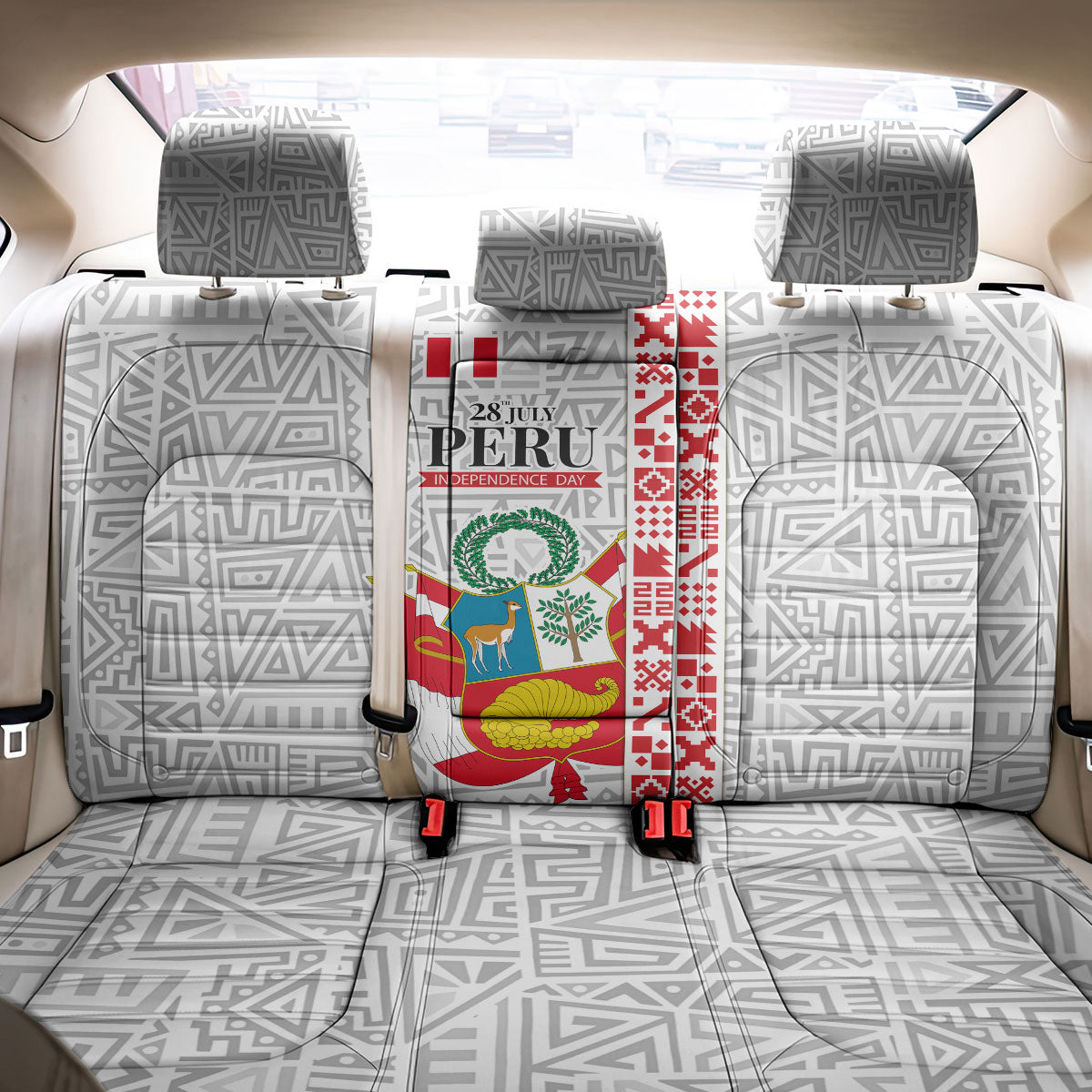 Peru Independence Day Back Car Seat Cover Peruvian Flag Coat of Arms Inca Pattern