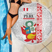 Peru Independence Day Beach Blanket Peruvian Flag Coat of Arms Inca Pattern