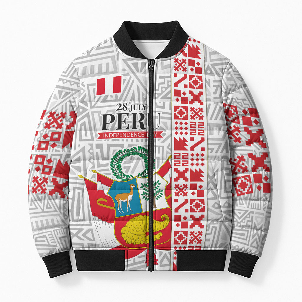 Peru Independence Day Bomber Puffer Jacket Peruvian Flag Coat of Arms Inca Pattern