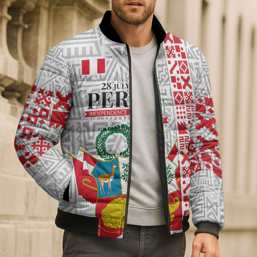 Peru Independence Day Bomber Puffer Jacket Peruvian Flag Coat of Arms Inca Pattern