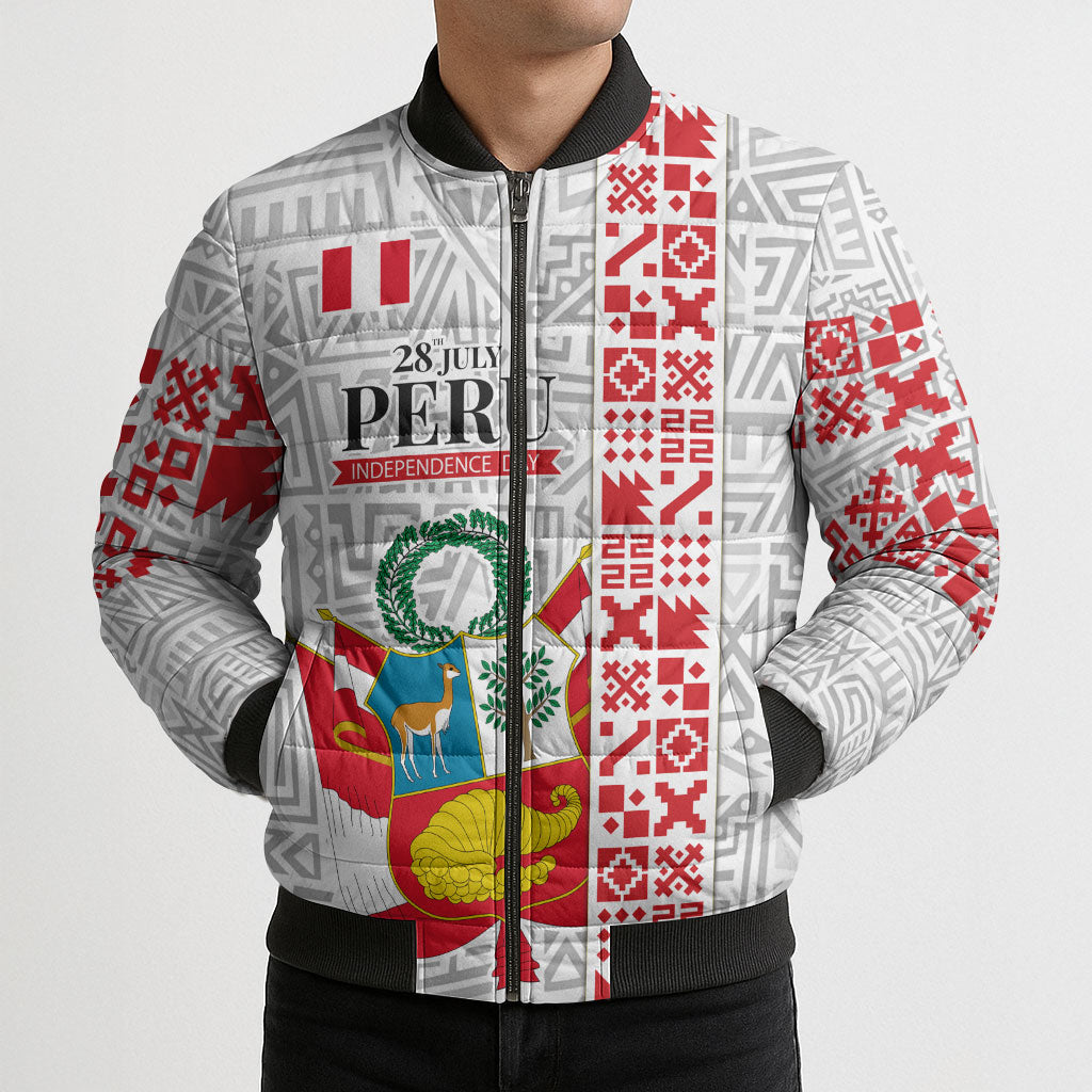 Peru Independence Day Bomber Puffer Jacket Peruvian Flag Coat of Arms Inca Pattern
