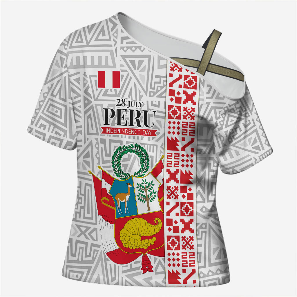 Peru Independence Day Cross Shoulder Shirt Peruvian Flag Coat of Arms Inca Pattern
