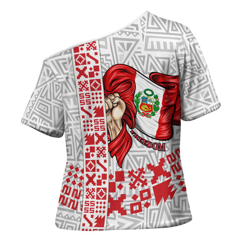 Peru Independence Day Cross Shoulder Shirt Peruvian Flag Coat of Arms Inca Pattern