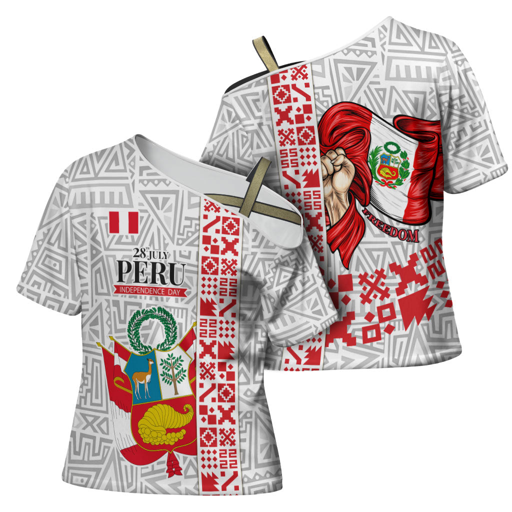 Peru Independence Day Cross Shoulder Shirt Peruvian Flag Coat of Arms Inca Pattern