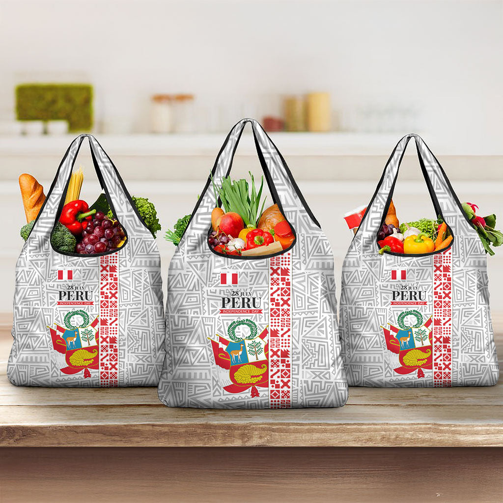 Peru Independence Day Grocery Bag Peruvian Flag Coat of Arms Inca Pattern