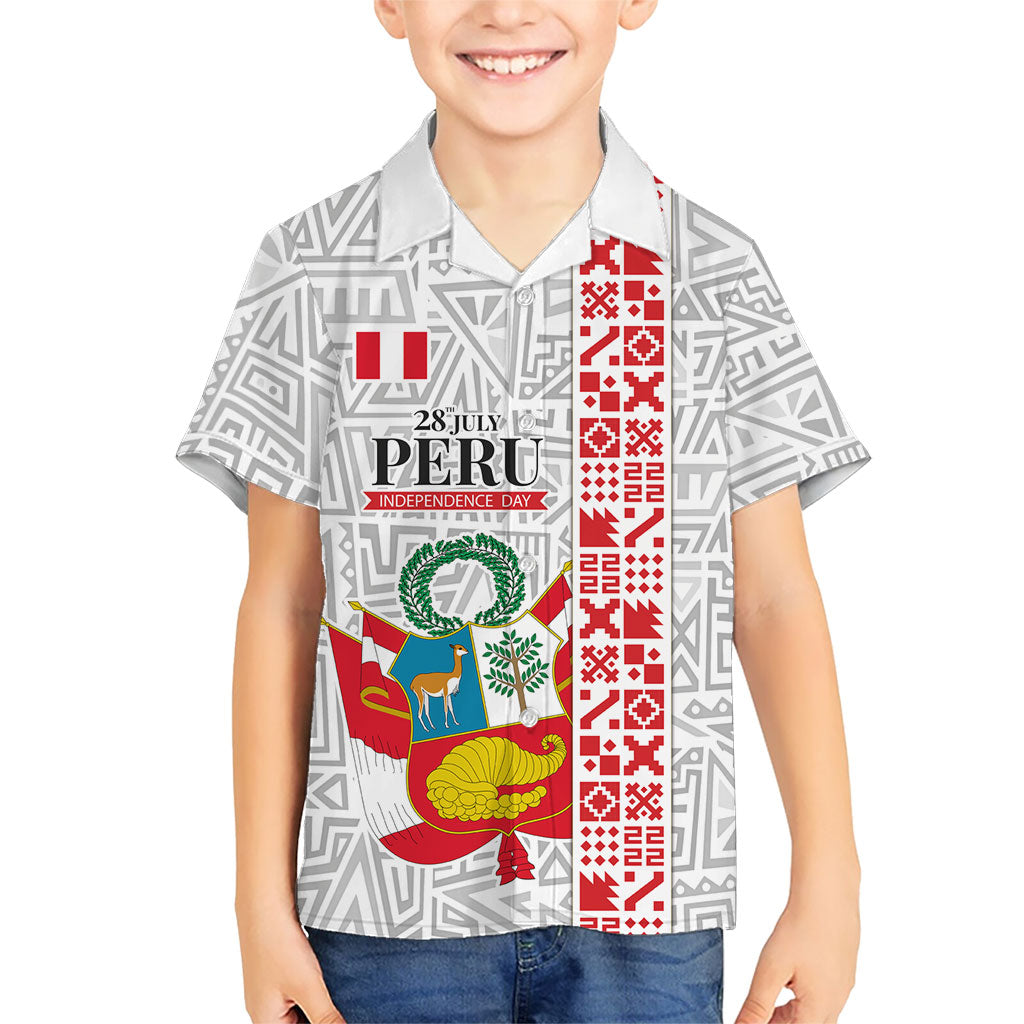 Peru Independence Day Kid Hawaiian Shirt Peruvian Flag Coat of Arms Inca Pattern