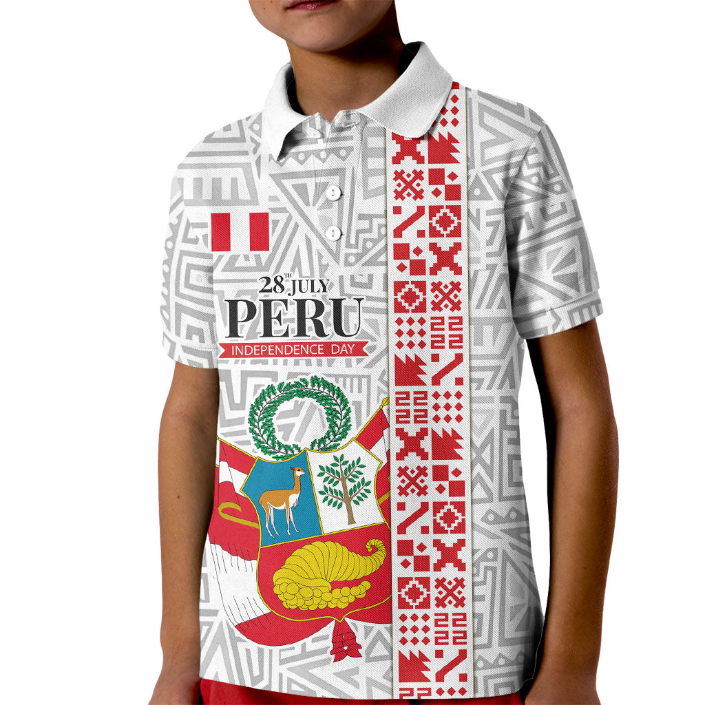 Peru Independence Day Kid Polo Shirt Peruvian Flag Coat of Arms Inca Pattern