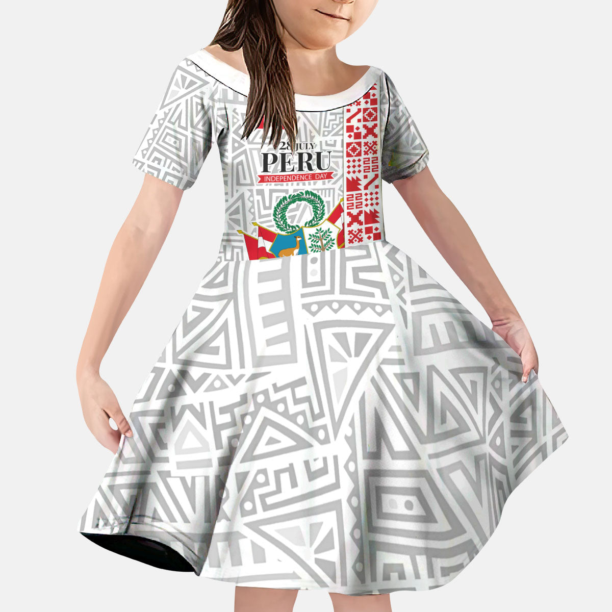 Peru Independence Day Kid Short Sleeve Dress Peruvian Flag Coat of Arms Inca Pattern