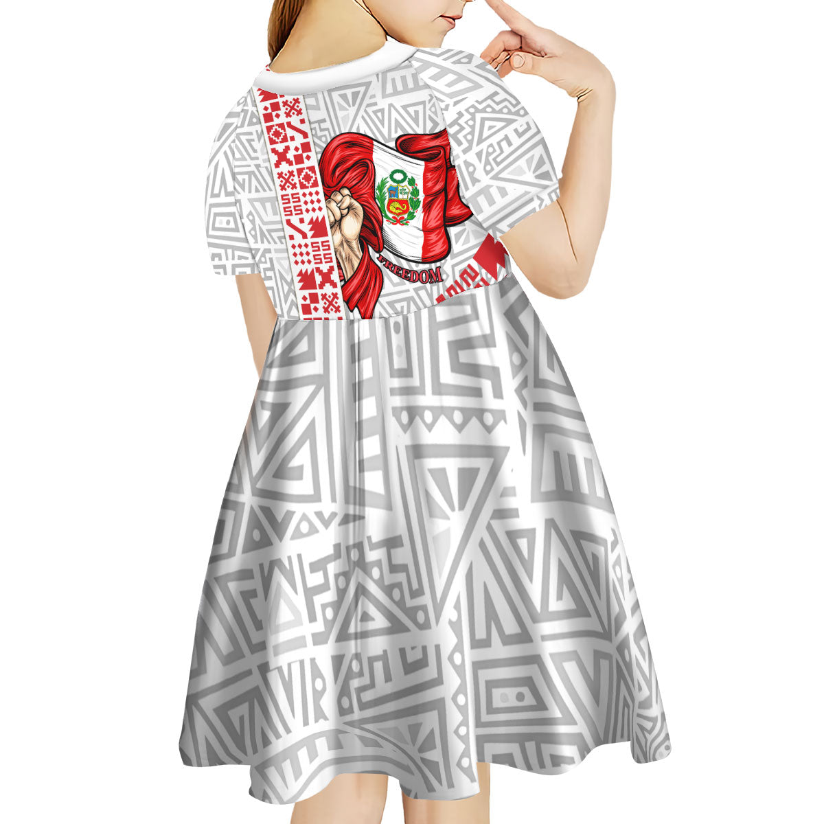 Peru Independence Day Kid Short Sleeve Dress Peruvian Flag Coat of Arms Inca Pattern