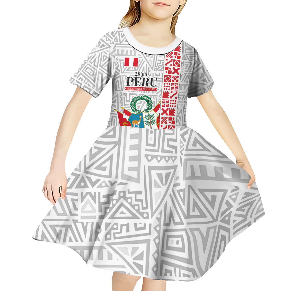 Peru Independence Day Kid Short Sleeve Dress Peruvian Flag Coat of Arms Inca Pattern
