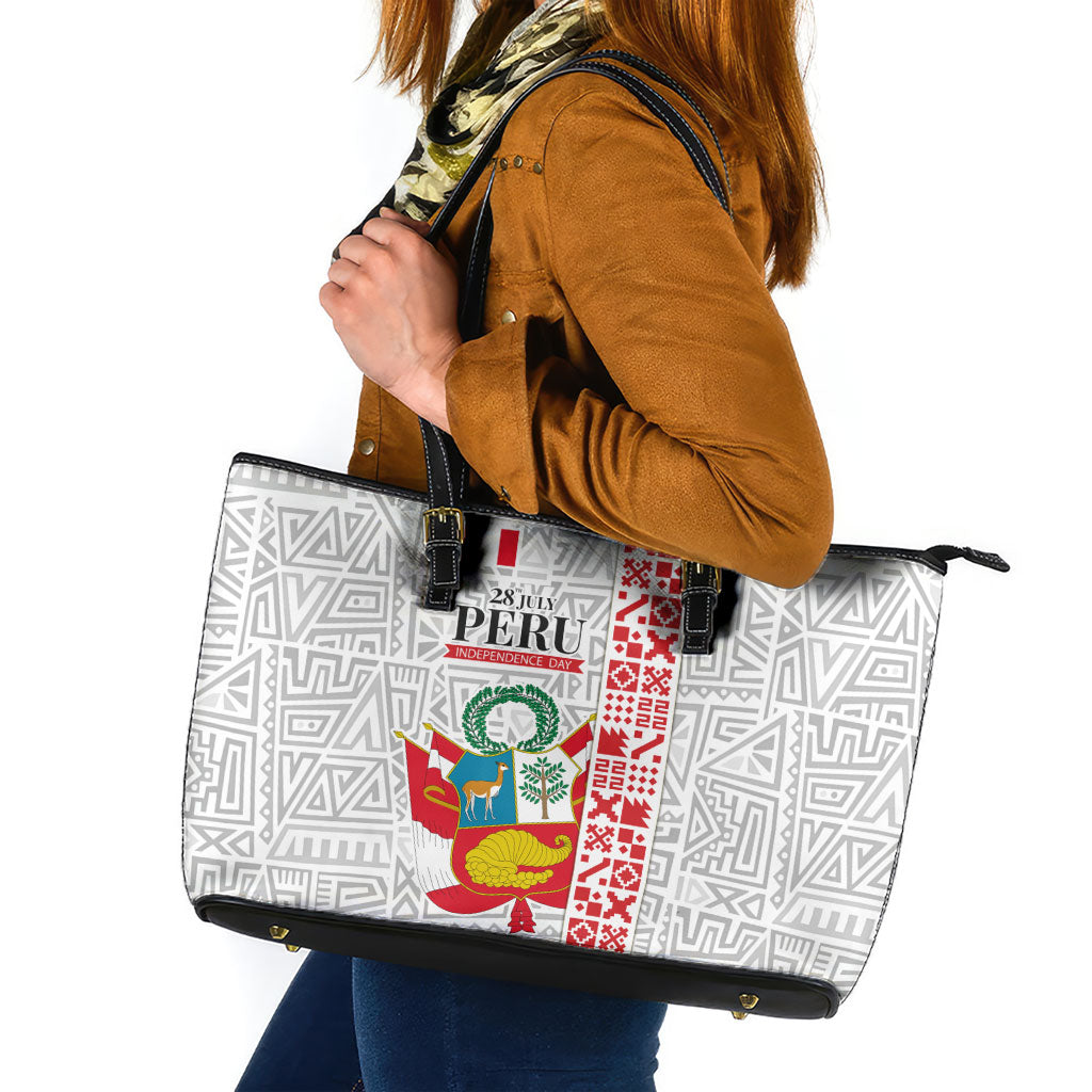 Peru Independence Day Leather Tote Bag Peruvian Flag Coat of Arms Inca Pattern