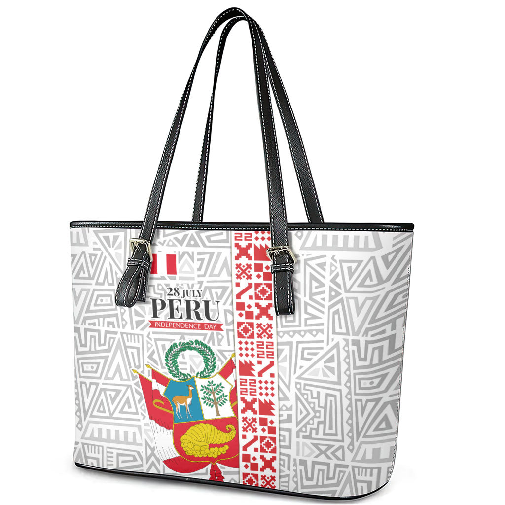 Peru Independence Day Leather Tote Bag Peruvian Flag Coat of Arms Inca Pattern