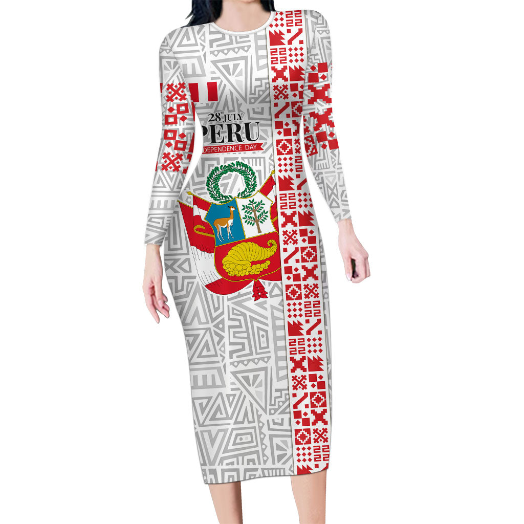Peru Independence Day Long Sleeve Bodycon Dress Peruvian Flag Coat of Arms Inca Pattern