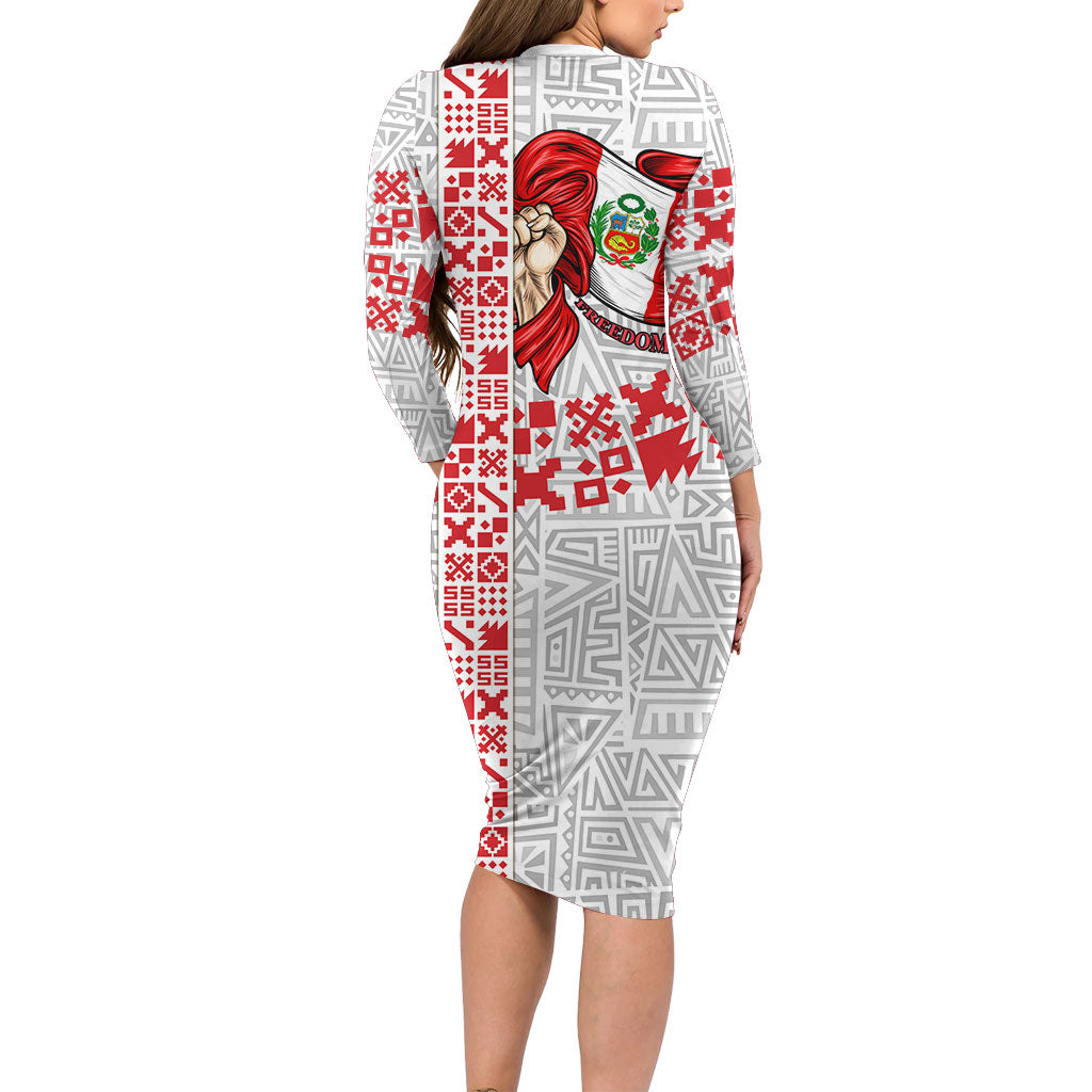 Peru Independence Day Long Sleeve Bodycon Dress Peruvian Flag Coat of Arms Inca Pattern