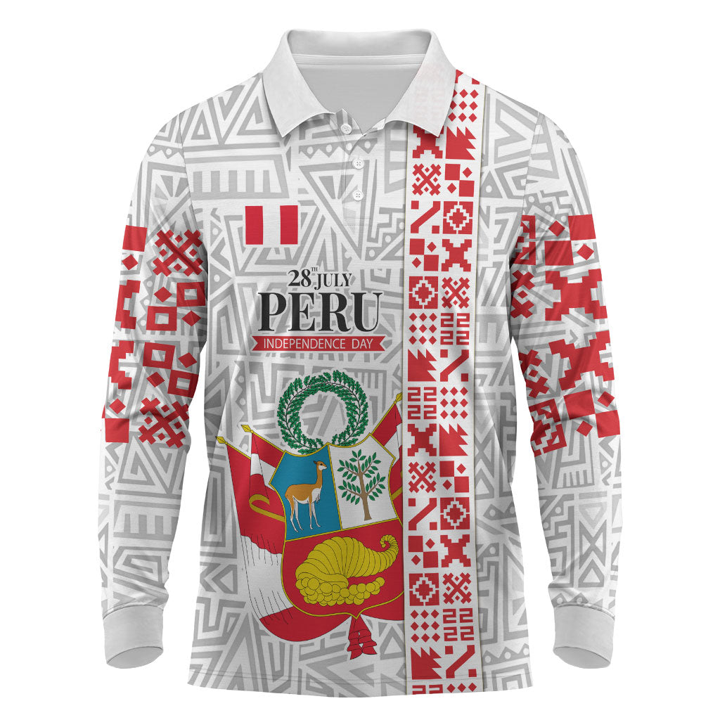 Peru Independence Day Long Sleeve Polo Shirt Peruvian Flag Coat of Arms Inca Pattern