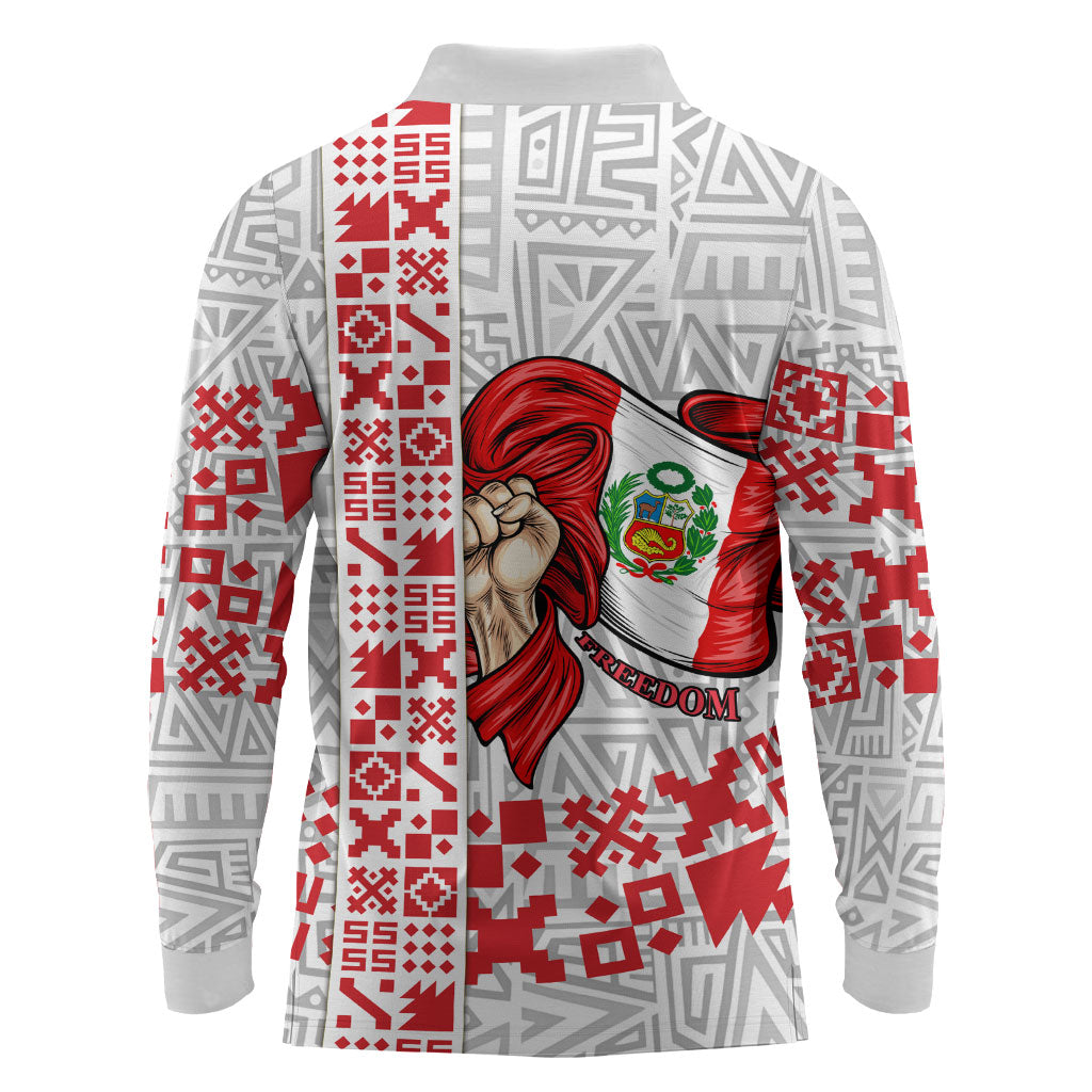 Peru Independence Day Long Sleeve Polo Shirt Peruvian Flag Coat of Arms Inca Pattern