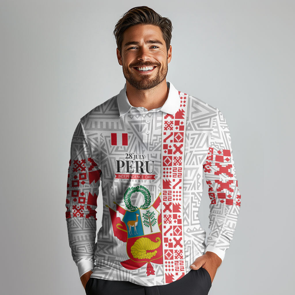 Peru Independence Day Long Sleeve Polo Shirt Peruvian Flag Coat of Arms Inca Pattern