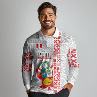 Peru Independence Day Long Sleeve Polo Shirt Peruvian Flag Coat of Arms Inca Pattern