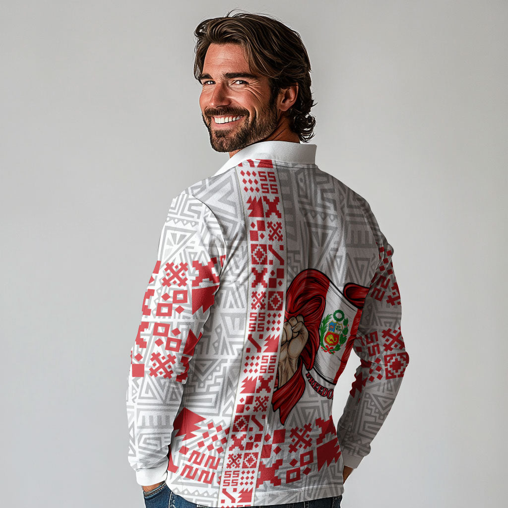 Peru Independence Day Long Sleeve Polo Shirt Peruvian Flag Coat of Arms Inca Pattern