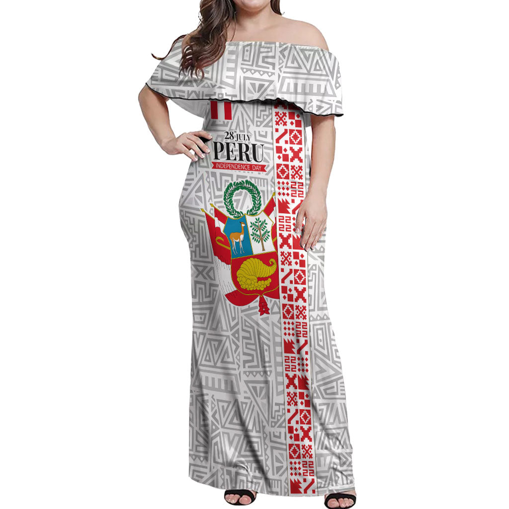 Peru Independence Day Off Shoulder Maxi Dress Peruvian Flag Coat of Arms Inca Pattern