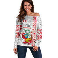 Peru Independence Day Off Shoulder Sweater Peruvian Flag Coat of Arms Inca Pattern
