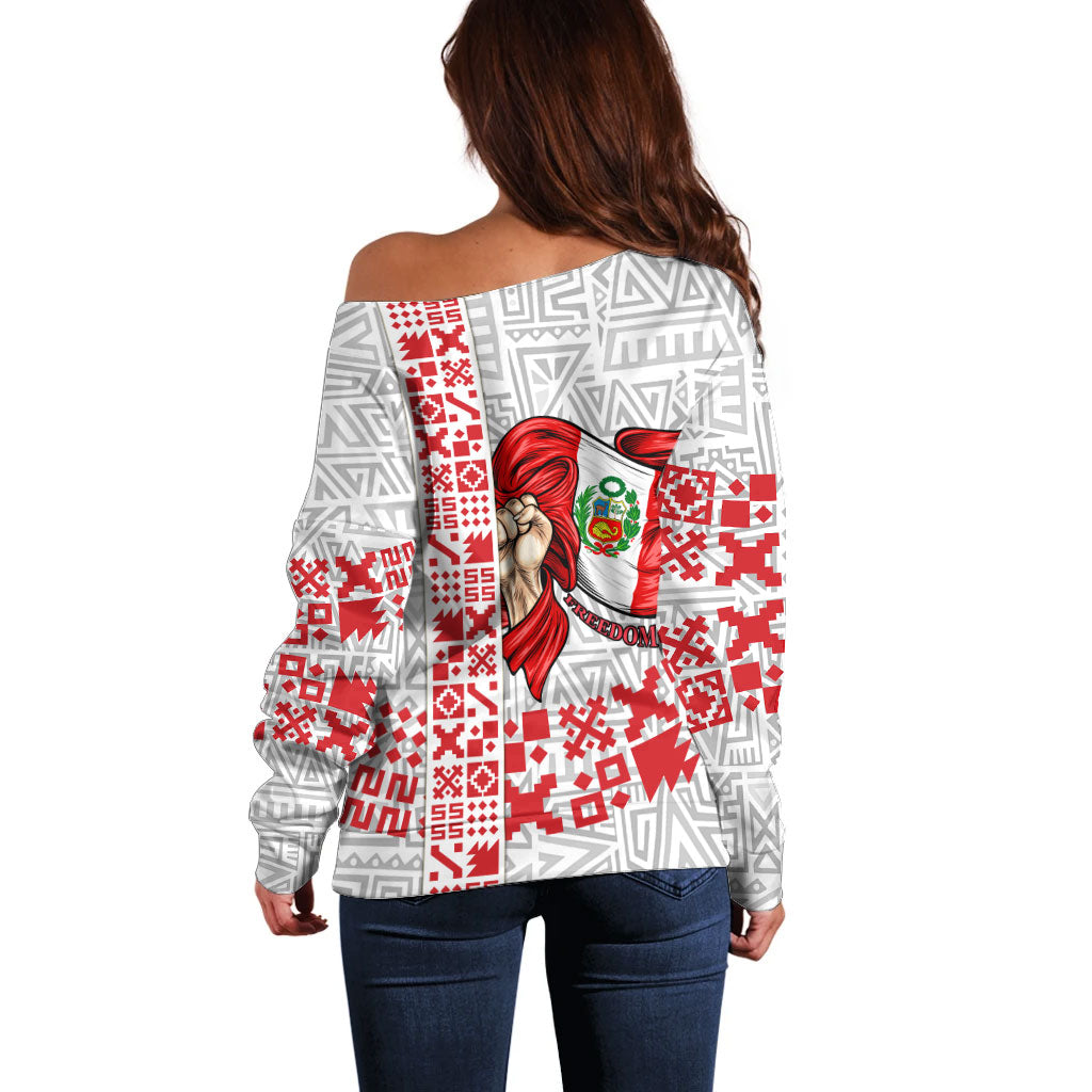 Peru Independence Day Off Shoulder Sweater Peruvian Flag Coat of Arms Inca Pattern
