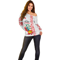 Peru Independence Day Off Shoulder Sweater Peruvian Flag Coat of Arms Inca Pattern