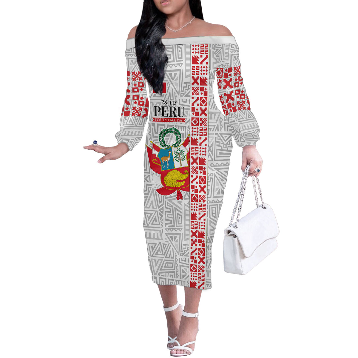 Peru Independence Day Off The Shoulder Long Sleeve Dress Peruvian Flag Coat of Arms Inca Pattern