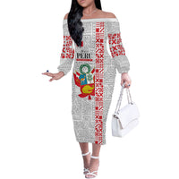 Peru Independence Day Off The Shoulder Long Sleeve Dress Peruvian Flag Coat of Arms Inca Pattern