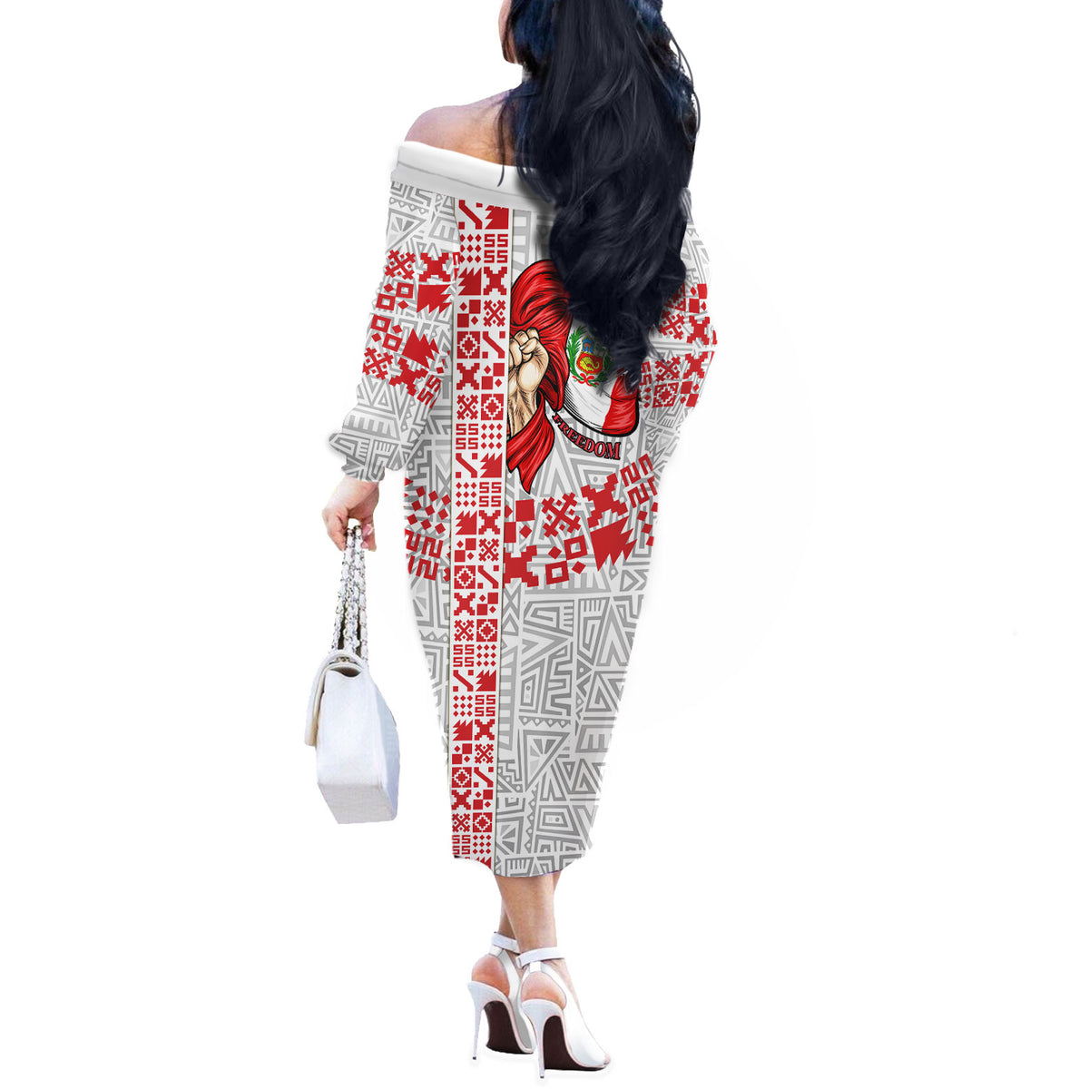 Peru Independence Day Off The Shoulder Long Sleeve Dress Peruvian Flag Coat of Arms Inca Pattern