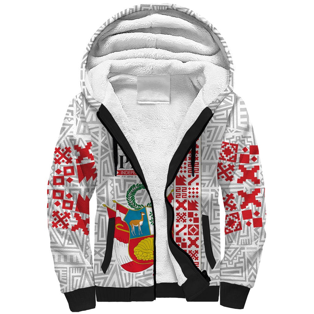 Peru Independence Day Sherpa Hoodie Peruvian Flag Coat of Arms Inca Pattern