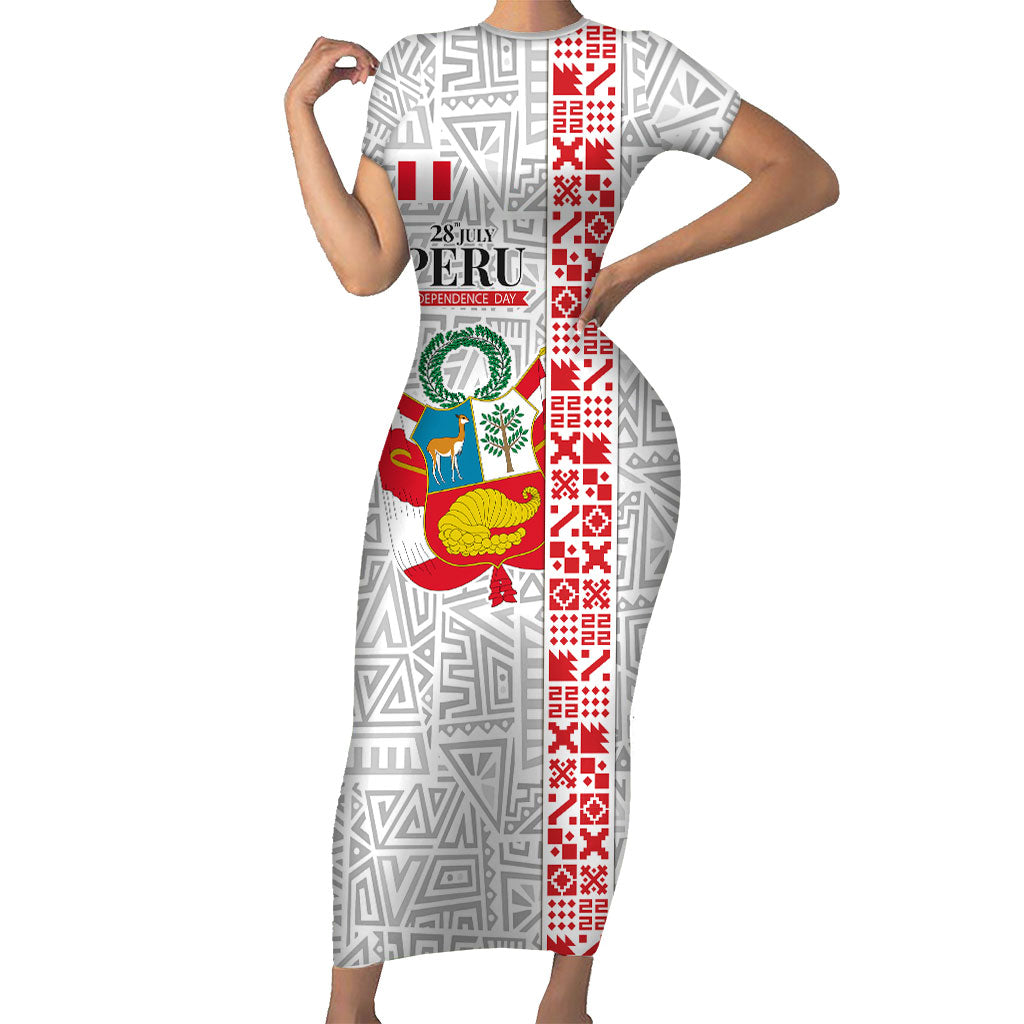 Peru Independence Day Short Sleeve Bodycon Dress Peruvian Flag Coat of Arms Inca Pattern