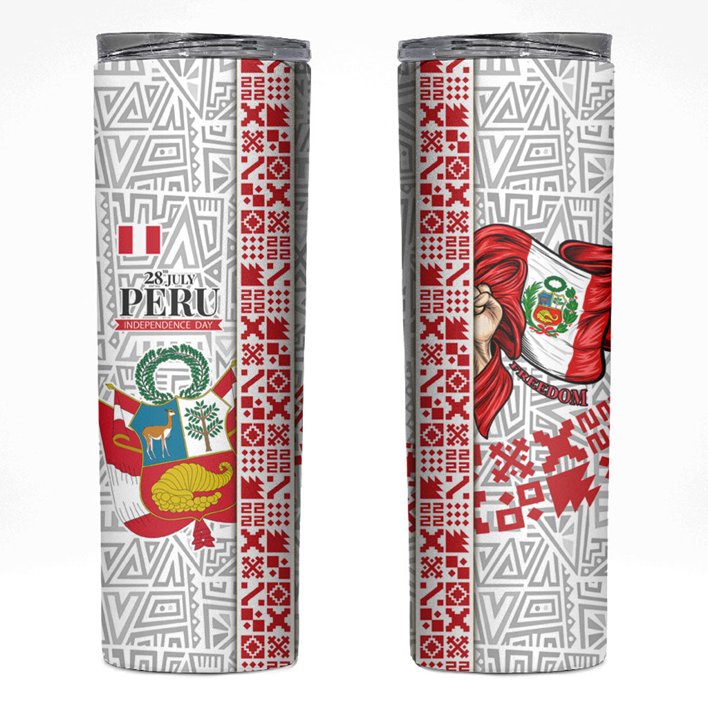 Peru Independence Day Skinny Tumbler Peruvian Flag Coat of Arms Inca Pattern