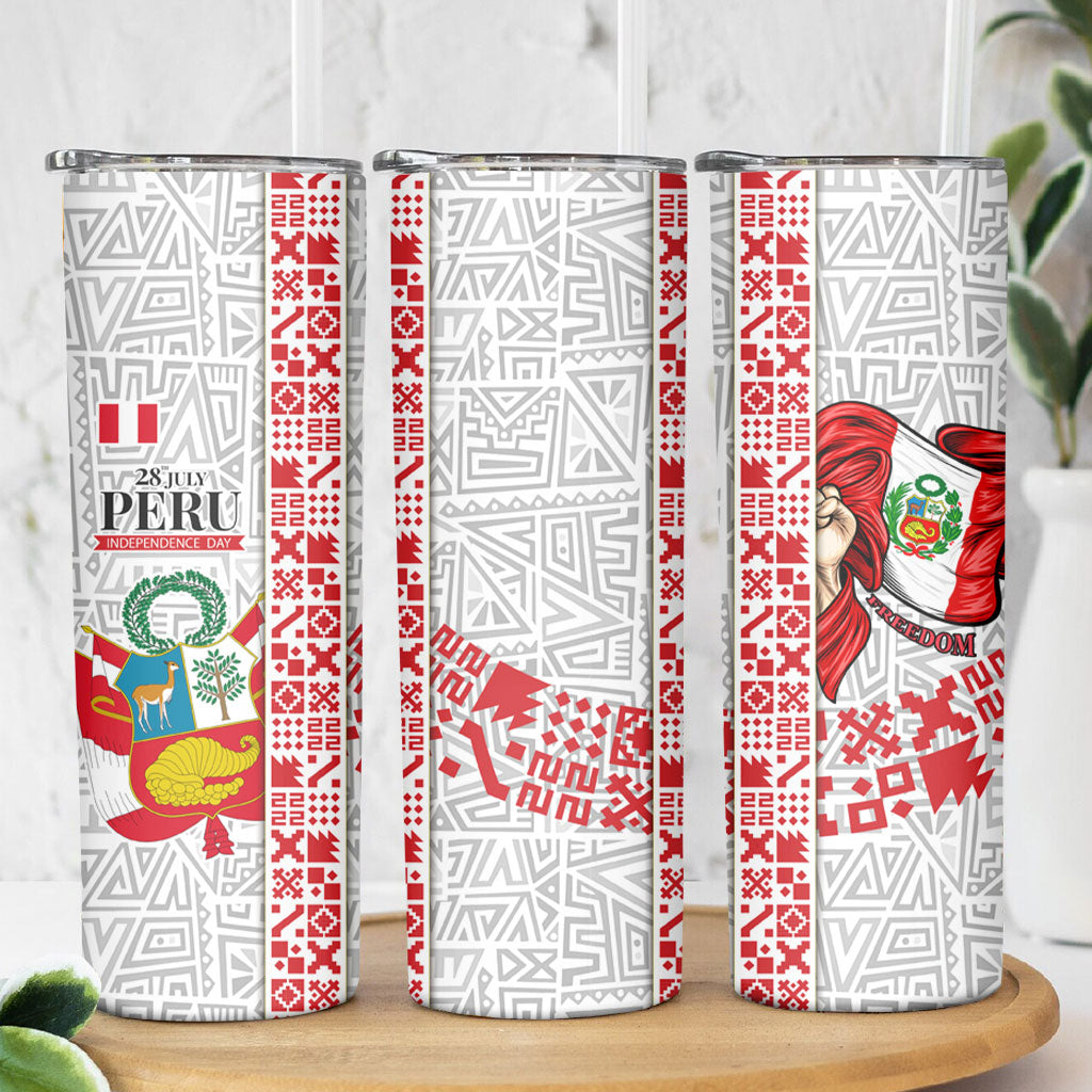 Peru Independence Day Skinny Tumbler Peruvian Flag Coat of Arms Inca Pattern