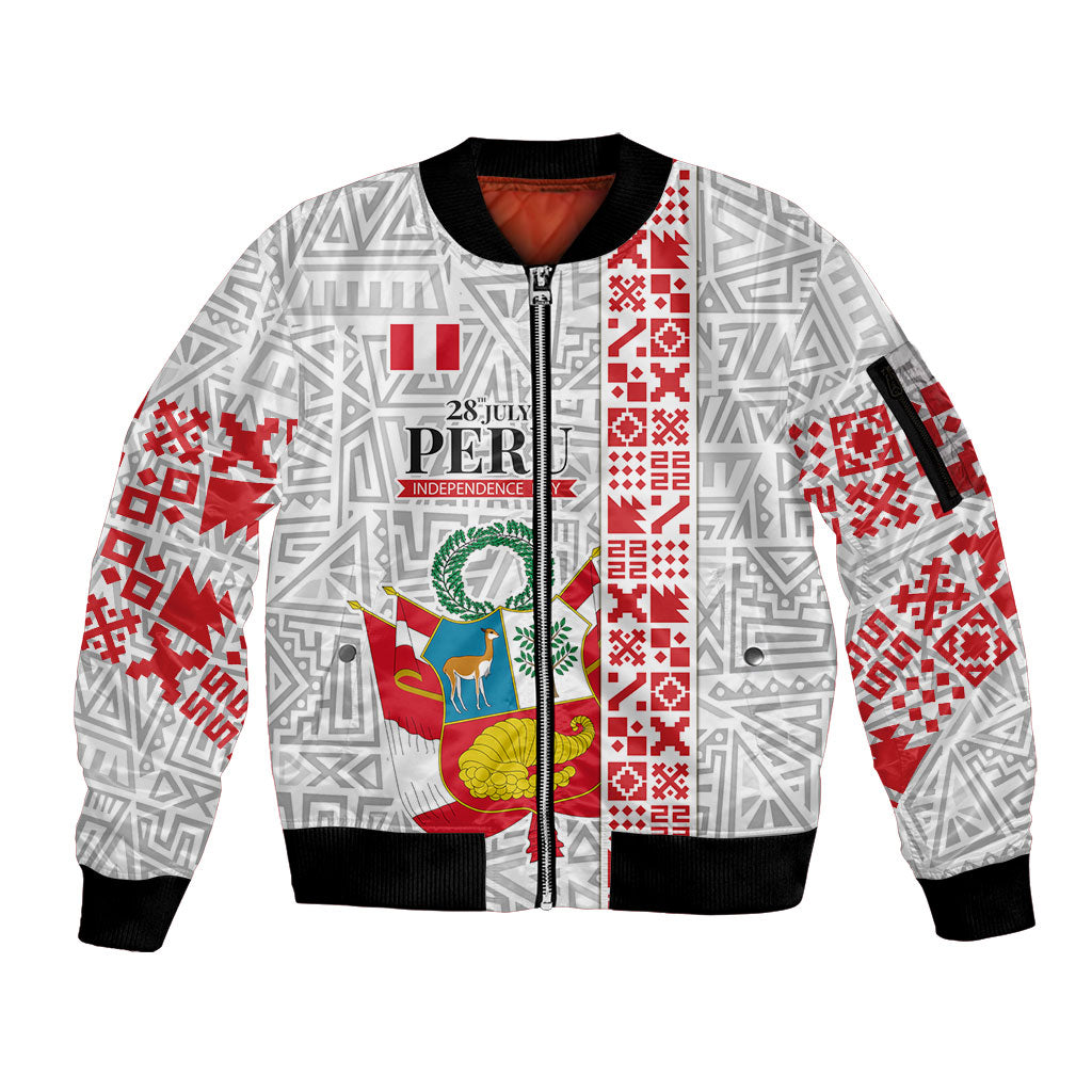 Peru Independence Day Sleeve Zip Bomber Jacket Peruvian Flag Coat of Arms Inca Pattern