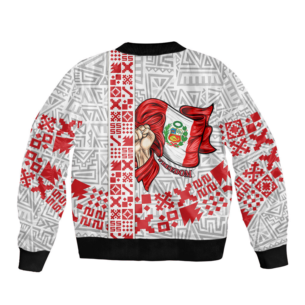 Peru Independence Day Sleeve Zip Bomber Jacket Peruvian Flag Coat of Arms Inca Pattern