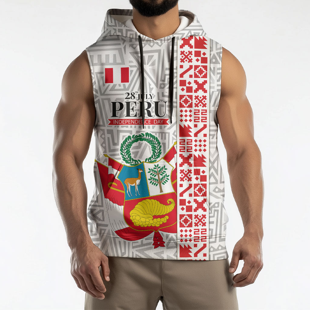 Peru Independence Day Sleeveless Hoodie Peruvian Flag Coat of Arms Inca Pattern