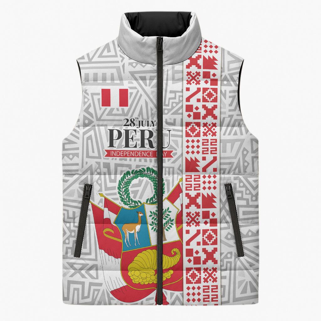 Peru Independence Day Sleeveless Puffer Jacket Peruvian Flag Coat of Arms Inca Pattern