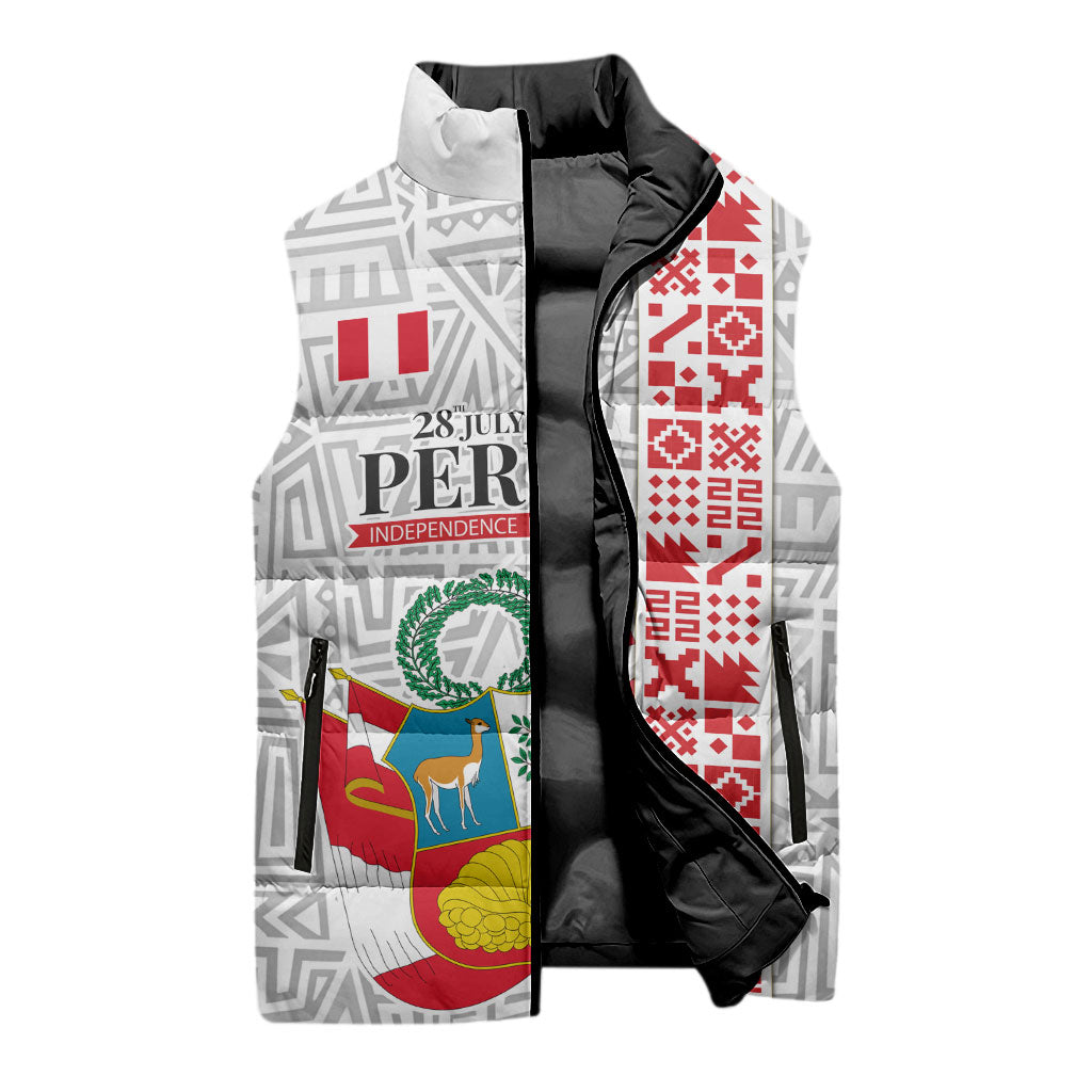 Peru Independence Day Sleeveless Puffer Jacket Peruvian Flag Coat of Arms Inca Pattern
