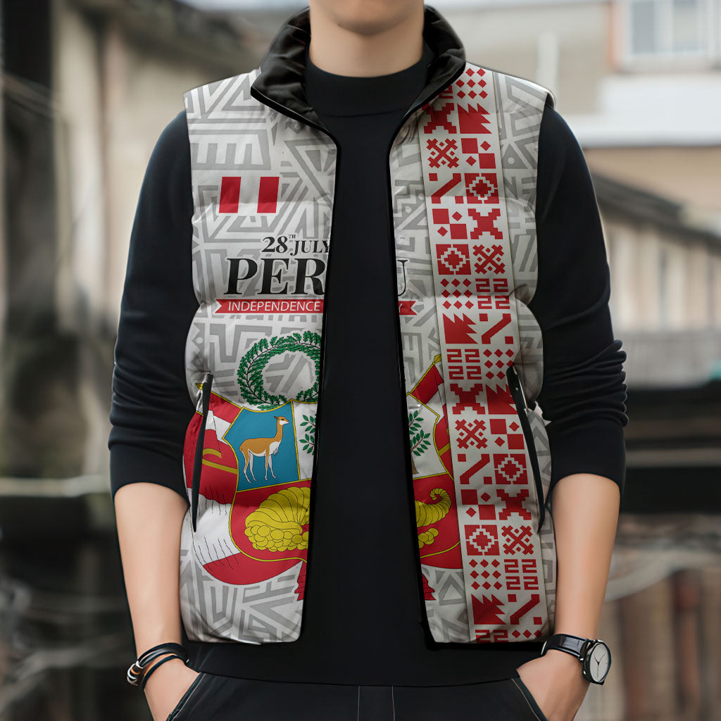Peru Independence Day Sleeveless Puffer Jacket Peruvian Flag Coat of Arms Inca Pattern