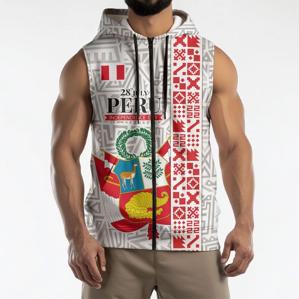 Peru Independence Day Sleeveless Zip Hoodie Peruvian Flag Coat of Arms Inca Pattern