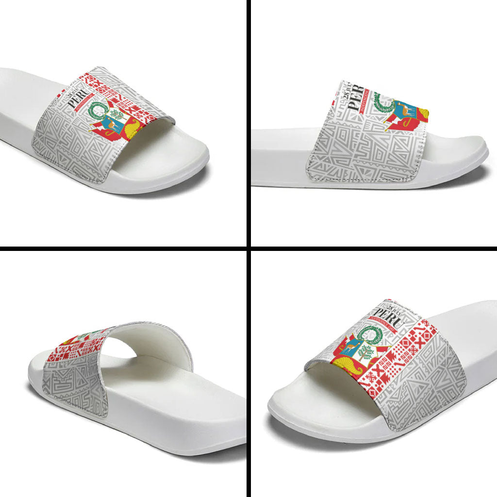 Peru Independence Day Slide Sandals Peruvian Flag Coat of Arms Inca Pattern