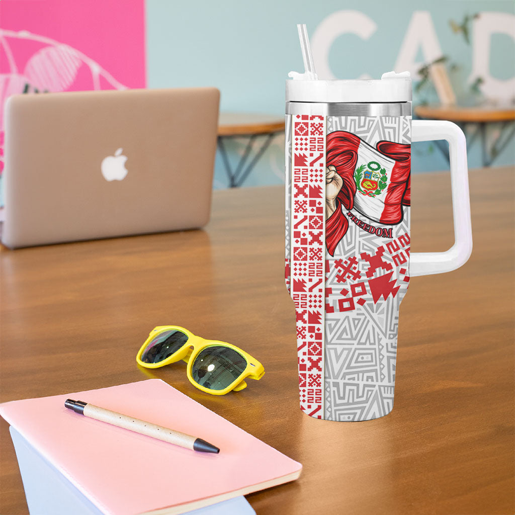 Peru Independence Day Tumbler With Handle Peruvian Flag Coat of Arms Inca Pattern