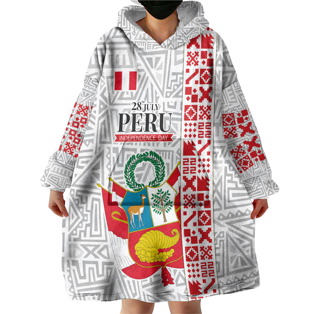 Peru Independence Day Wearable Blanket Hoodie Peruvian Flag Coat of Arms Inca Pattern